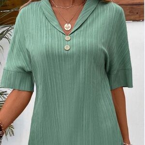 Elegant Teal Button- Short Sleeve turn down Blouse for Women Size Large